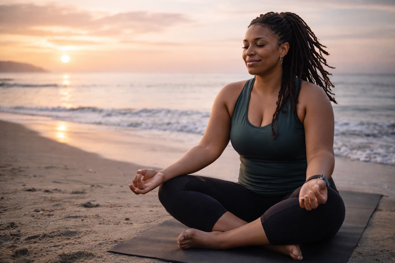 Woman meditating on the beach at sunrise