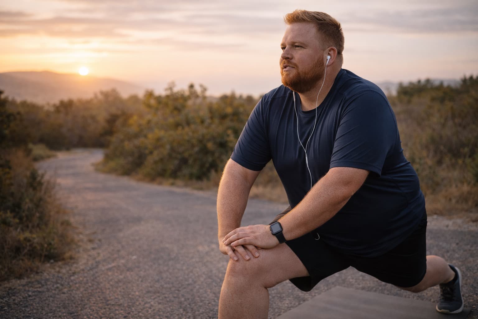 Man doing a lunge stretch at sunset