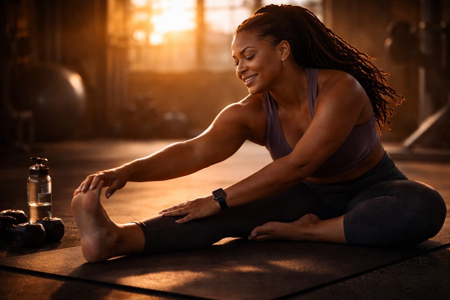 Woman stretching with golden backlight