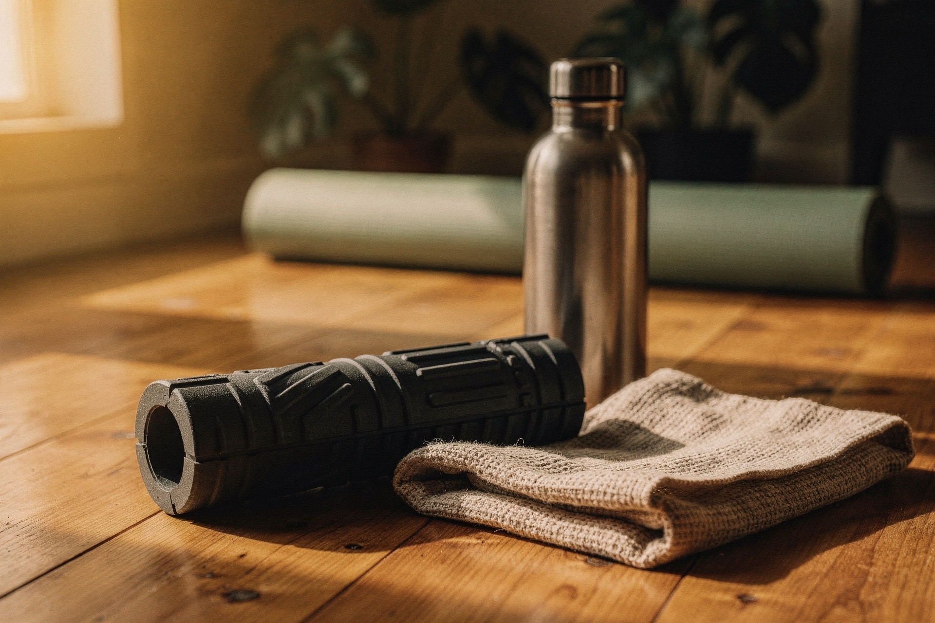 Foam roller on a wood floor, soft morning light