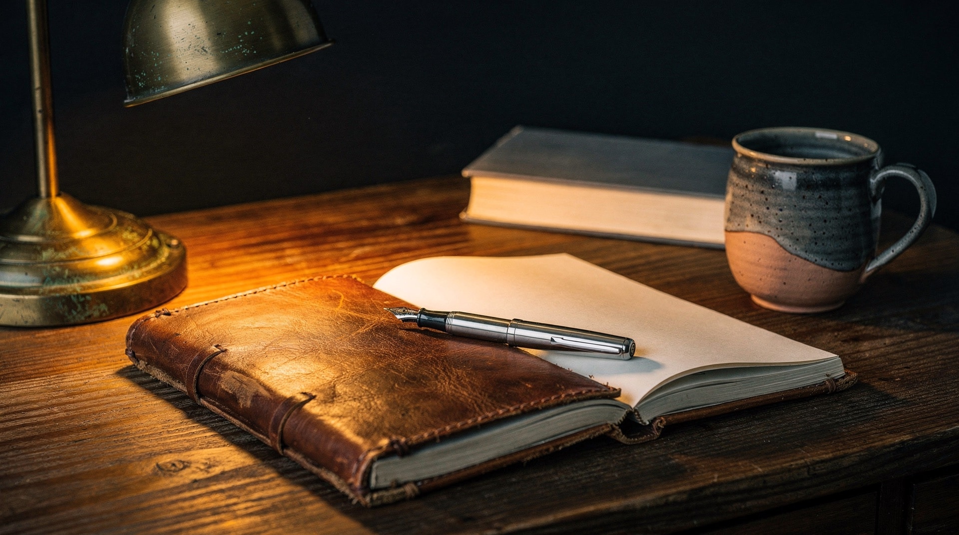 Open leather journal with a fountain pen under a brass desk lamp on a warm-wood desk
