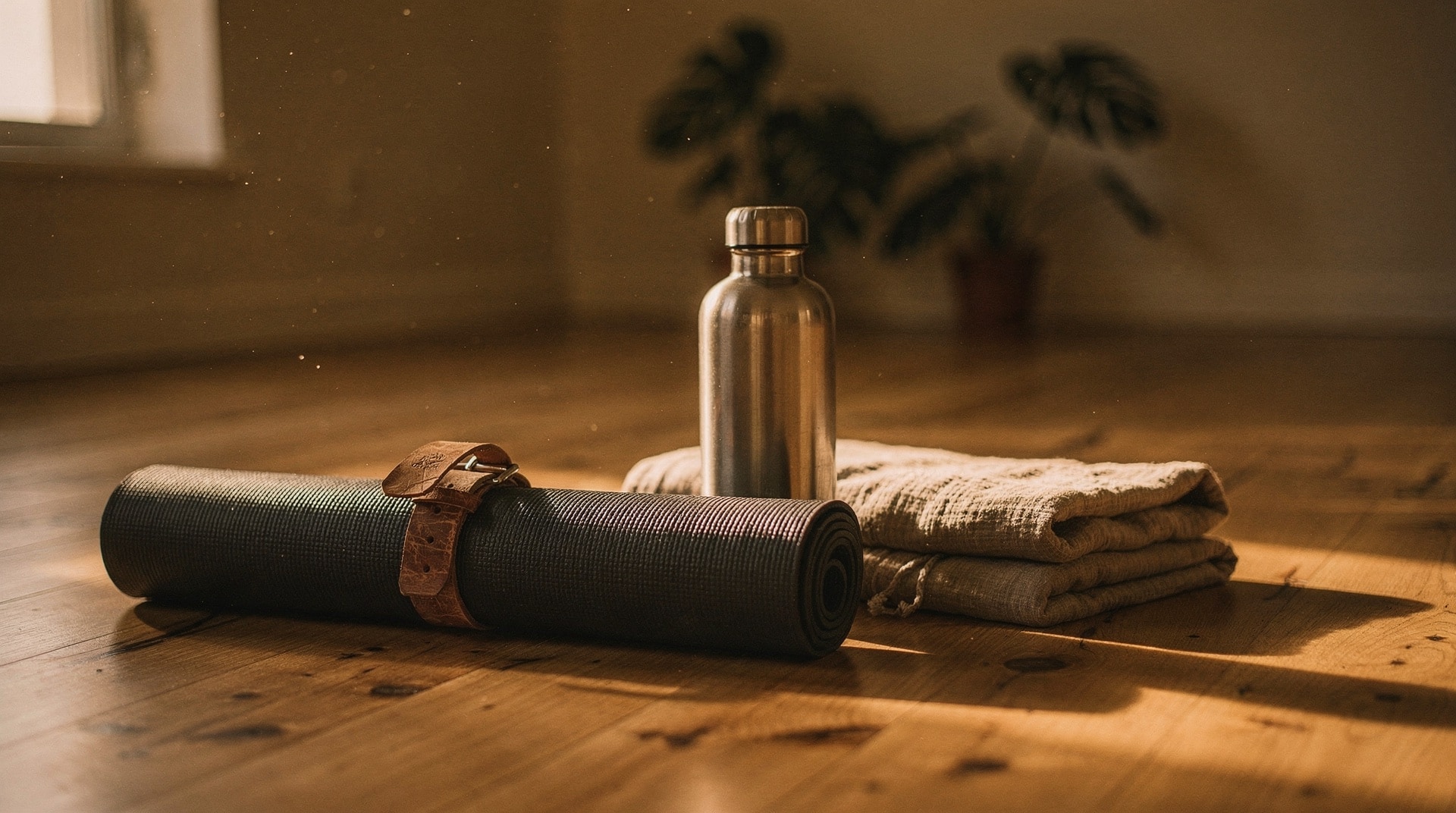 Charcoal yoga mat rolled with a leather strap, steel water bottle, and folded linen towel on a dim studio floor