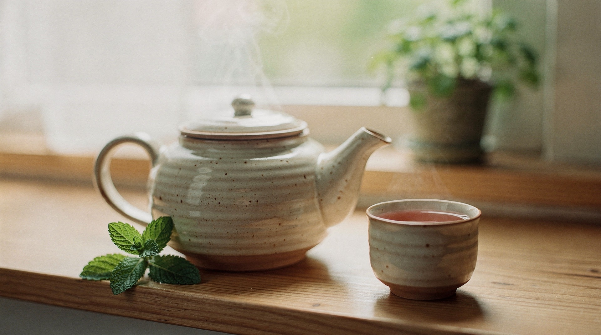 Stoneware teapot, ceramic cup, and fresh mint on a light-oak windowsill in bright morning daylight