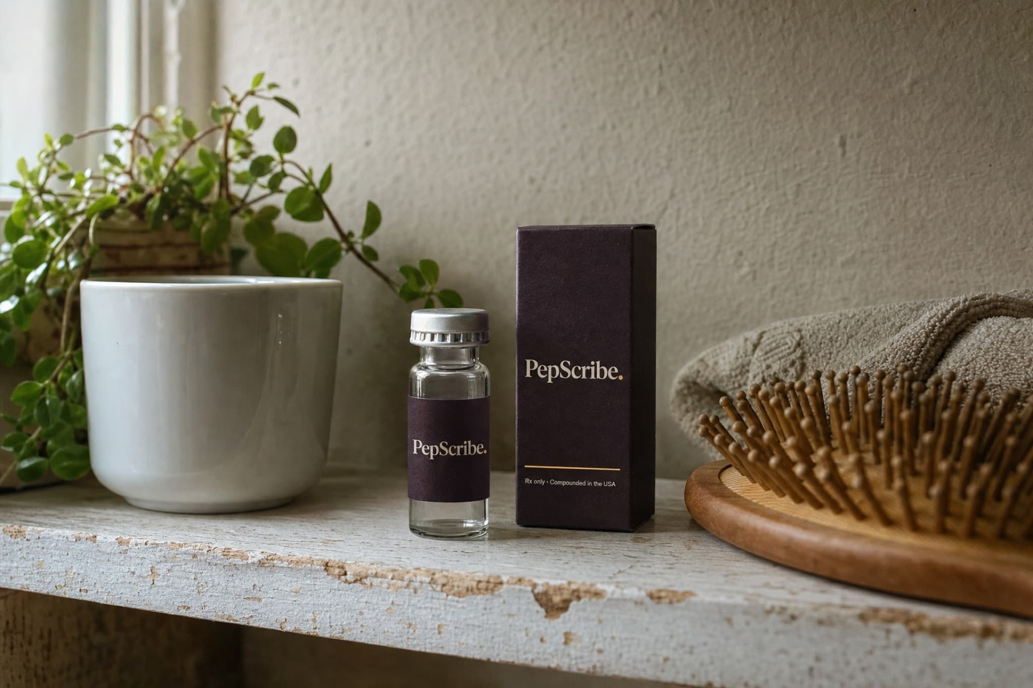 A PepScribe vial and carton on a bathroom shelf beside a ceramic cup, a wooden hairbrush, and a small plant