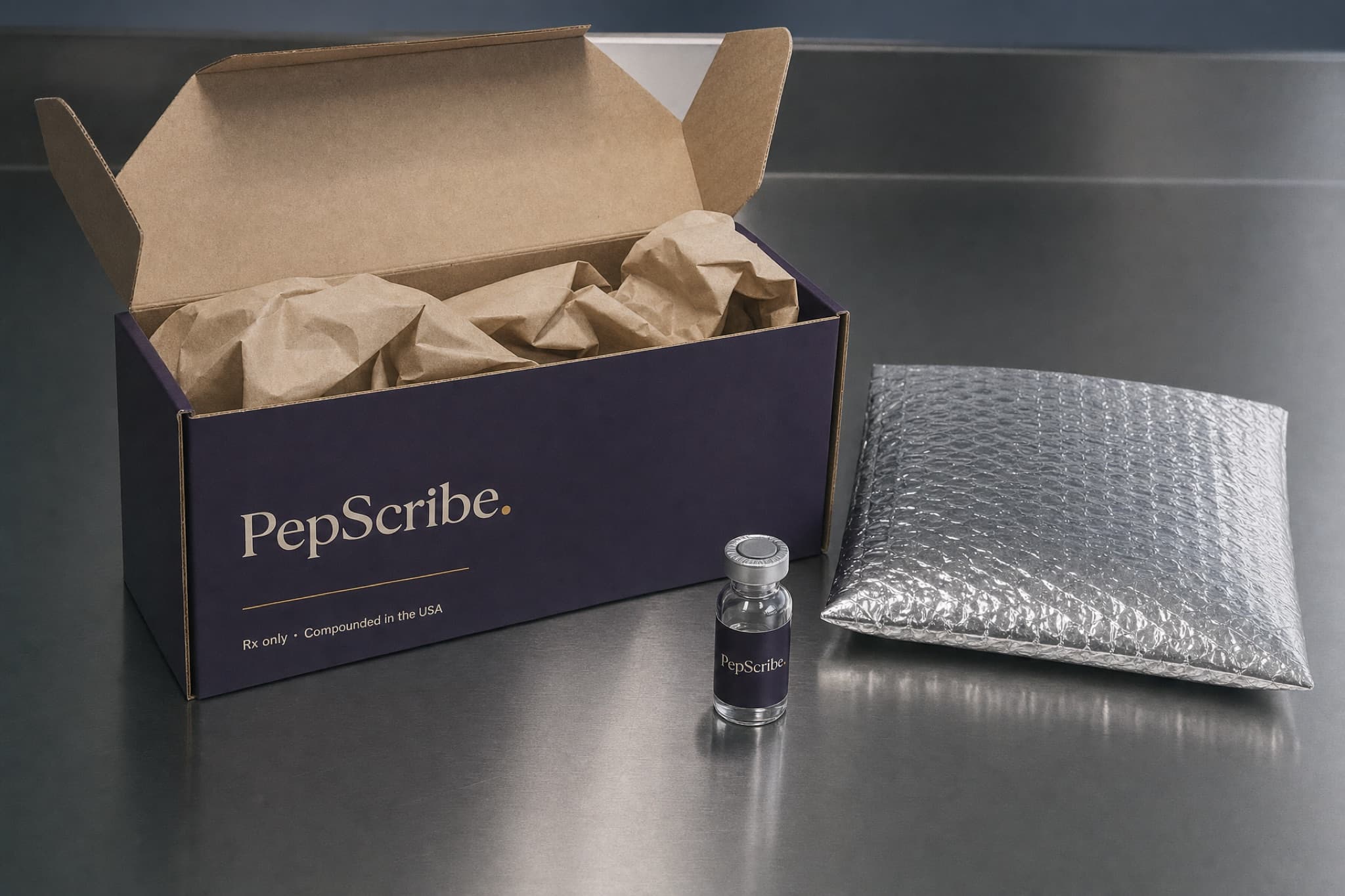 An open PepScribe shipping box with kraft padding and a foil cold pouch beside a vial on a stainless packing bench