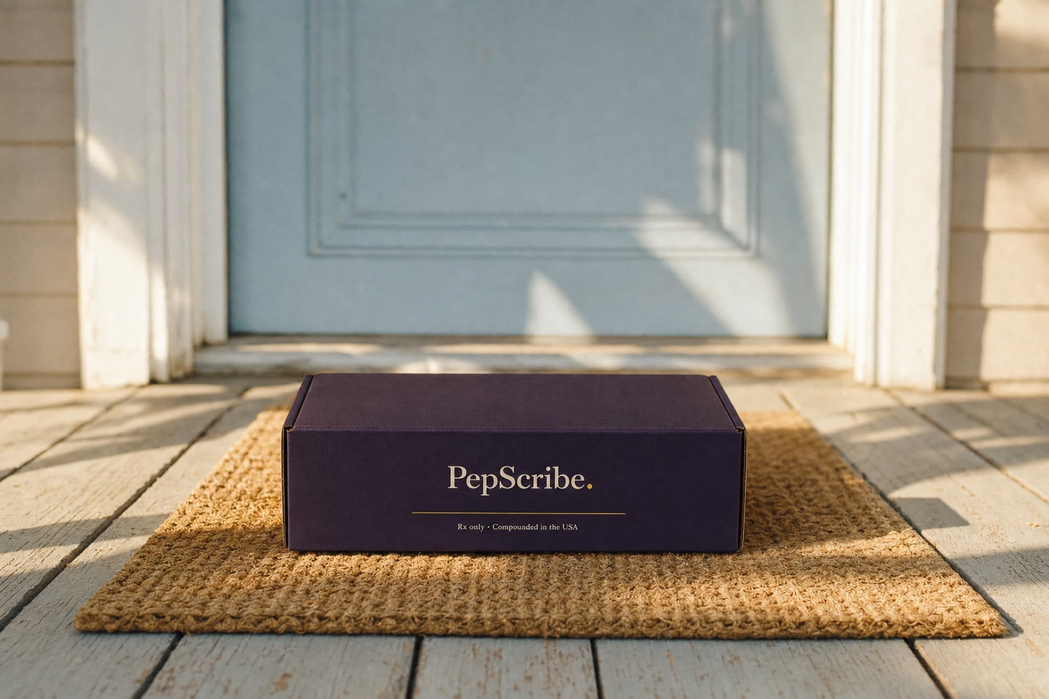 A sealed PepScribe box waiting on a woven doormat at a front door in morning sun