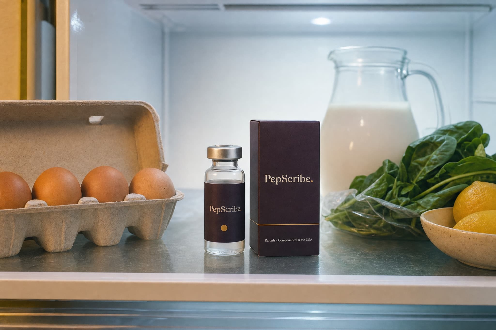 A PepScribe vial and carton on a refrigerator shelf beside eggs, milk, spinach and lemons