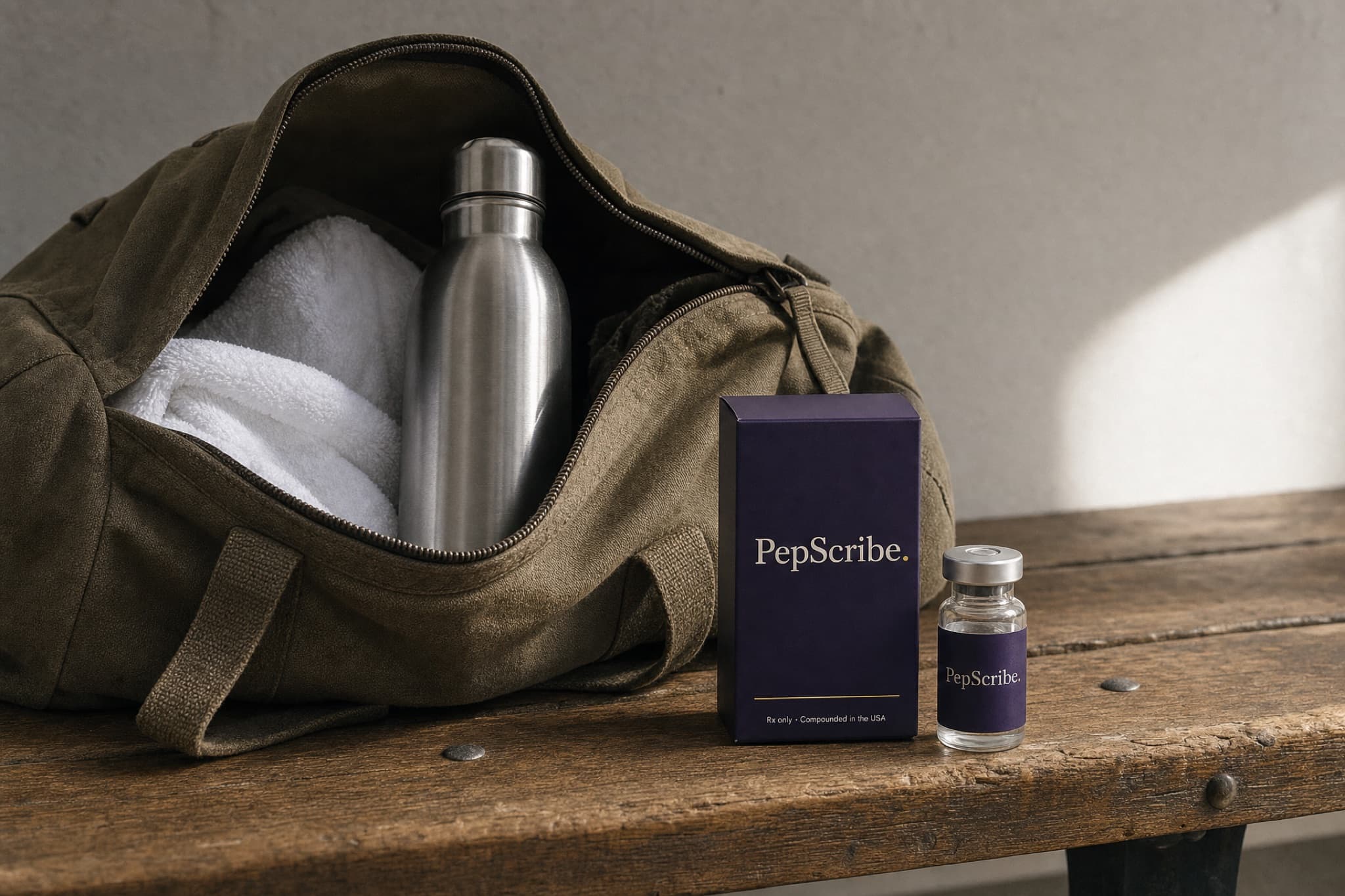A PepScribe carton and vial on a wooden bench beside an open canvas duffel holding a towel and a water bottle