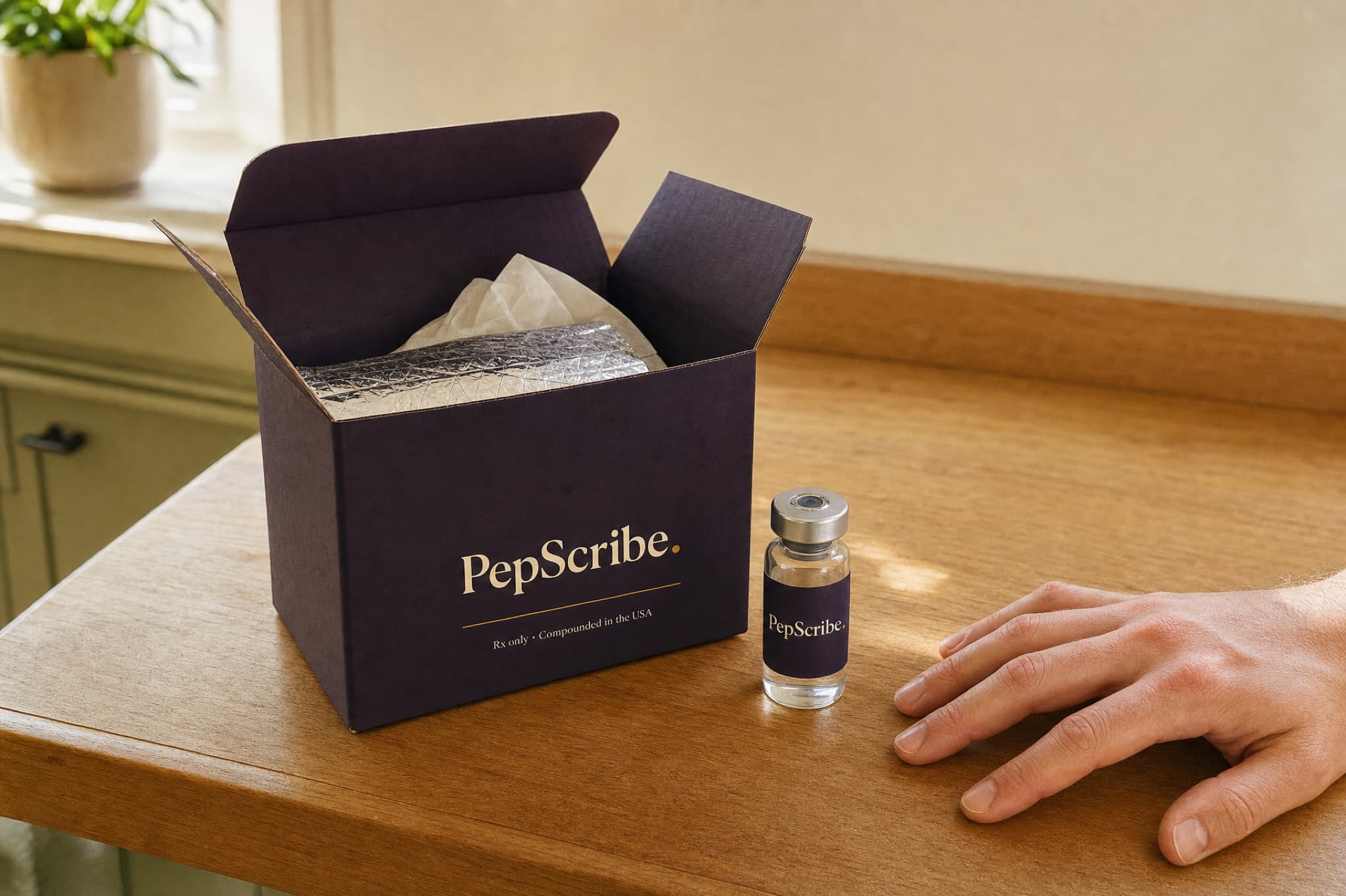 An opened PepScribe box on a kitchen counter with tissue paper, a foil cold wrap, and a vial standing beside it