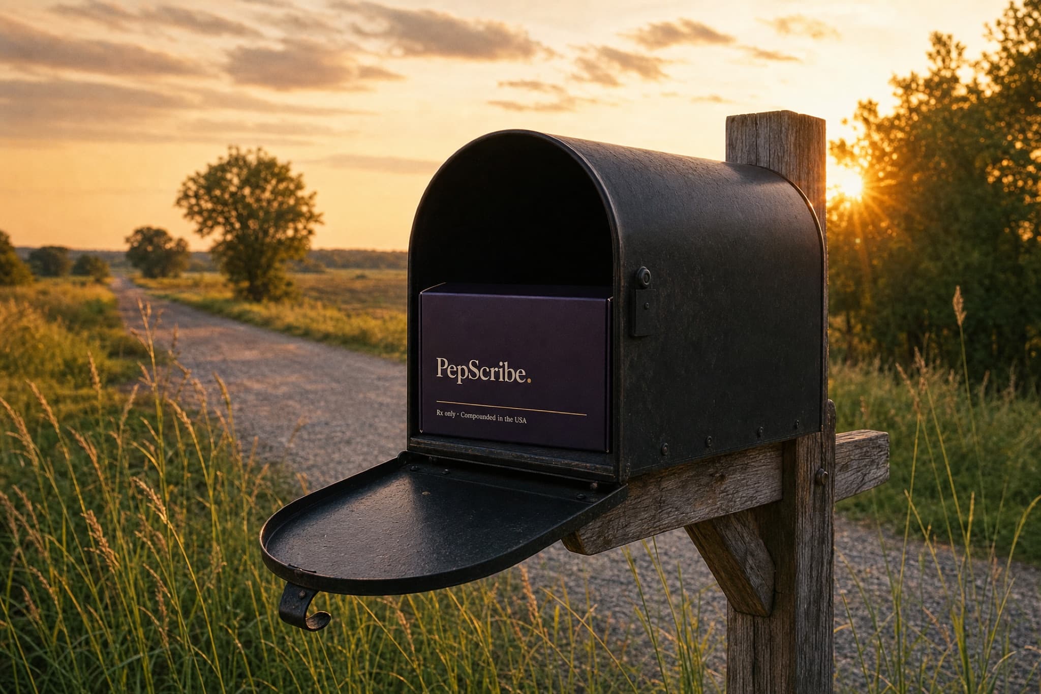 A PepScribe box inside an open rural mailbox at dusk, a gravel road running off behind it