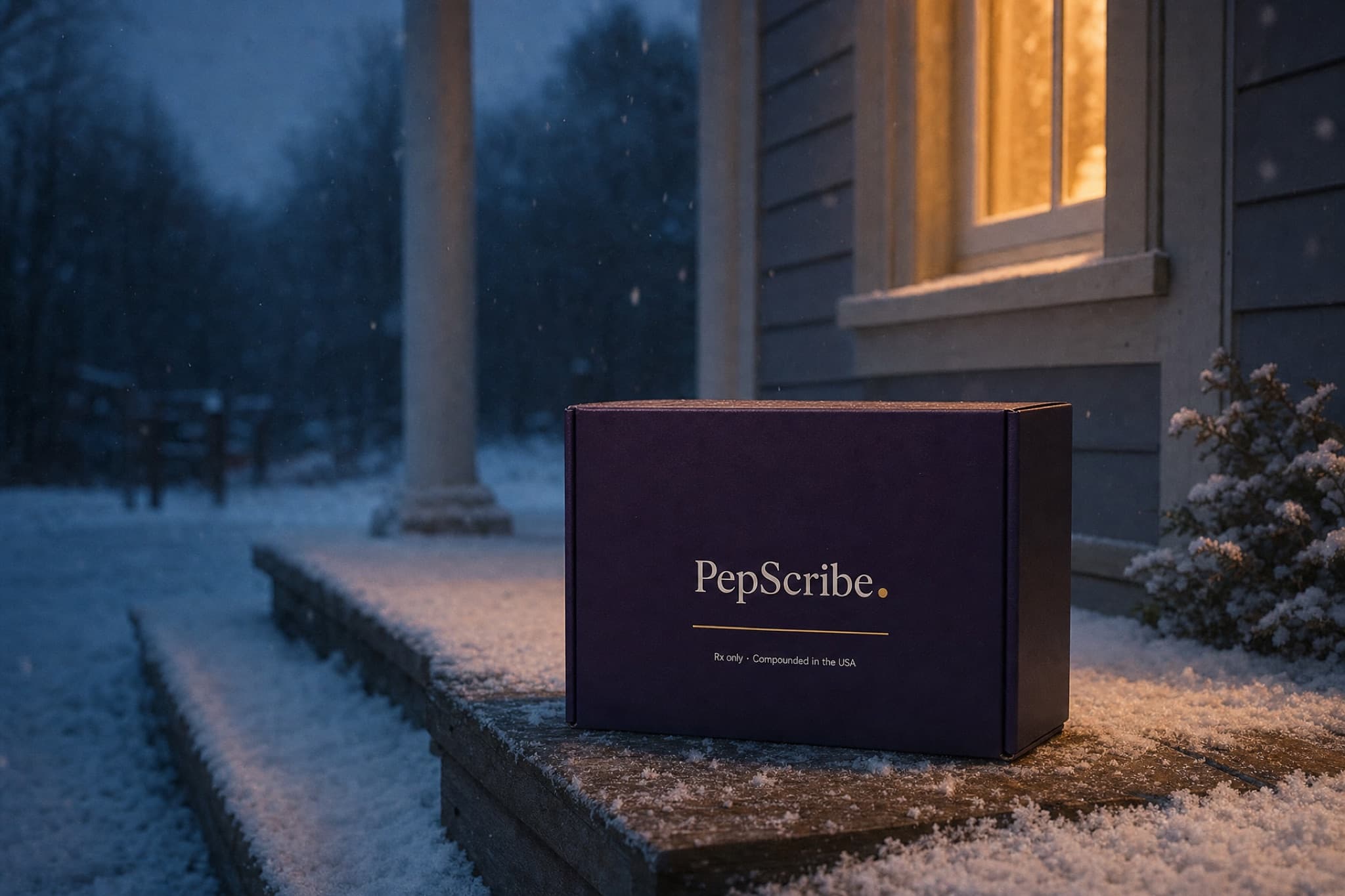 A sealed PepScribe box on a snow-dusted porch step, warm light spilling from the window behind it
