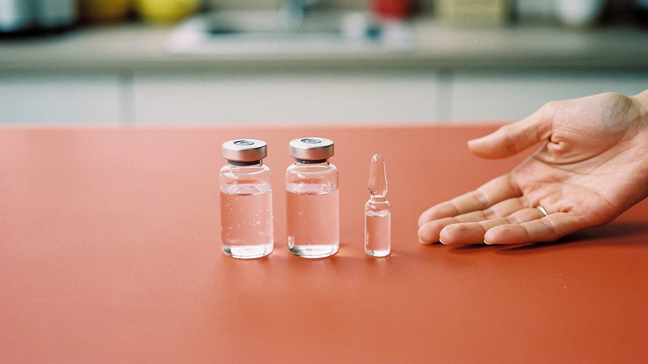 Three vials of clear liquid on a red surface with a hand gesturing beside them.