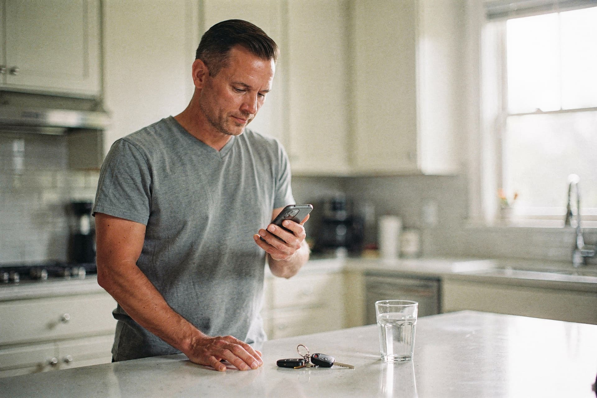 A man in a gray shirt stands in a kitchen looking at his phone with keys and a glass of water on the counter.