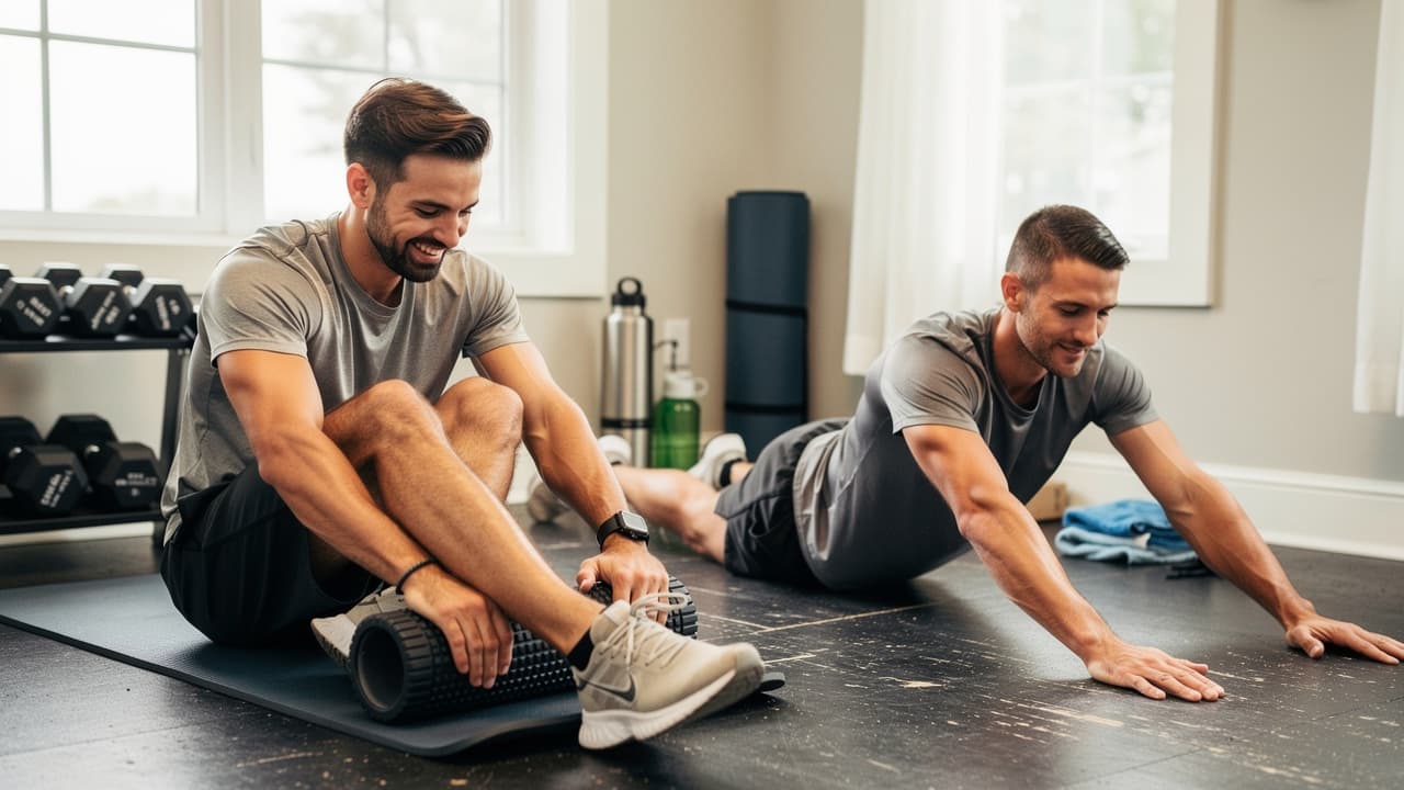 Two men in athletic wear stretch on yoga mats in a bright room with dumbbells and exercise equipment.