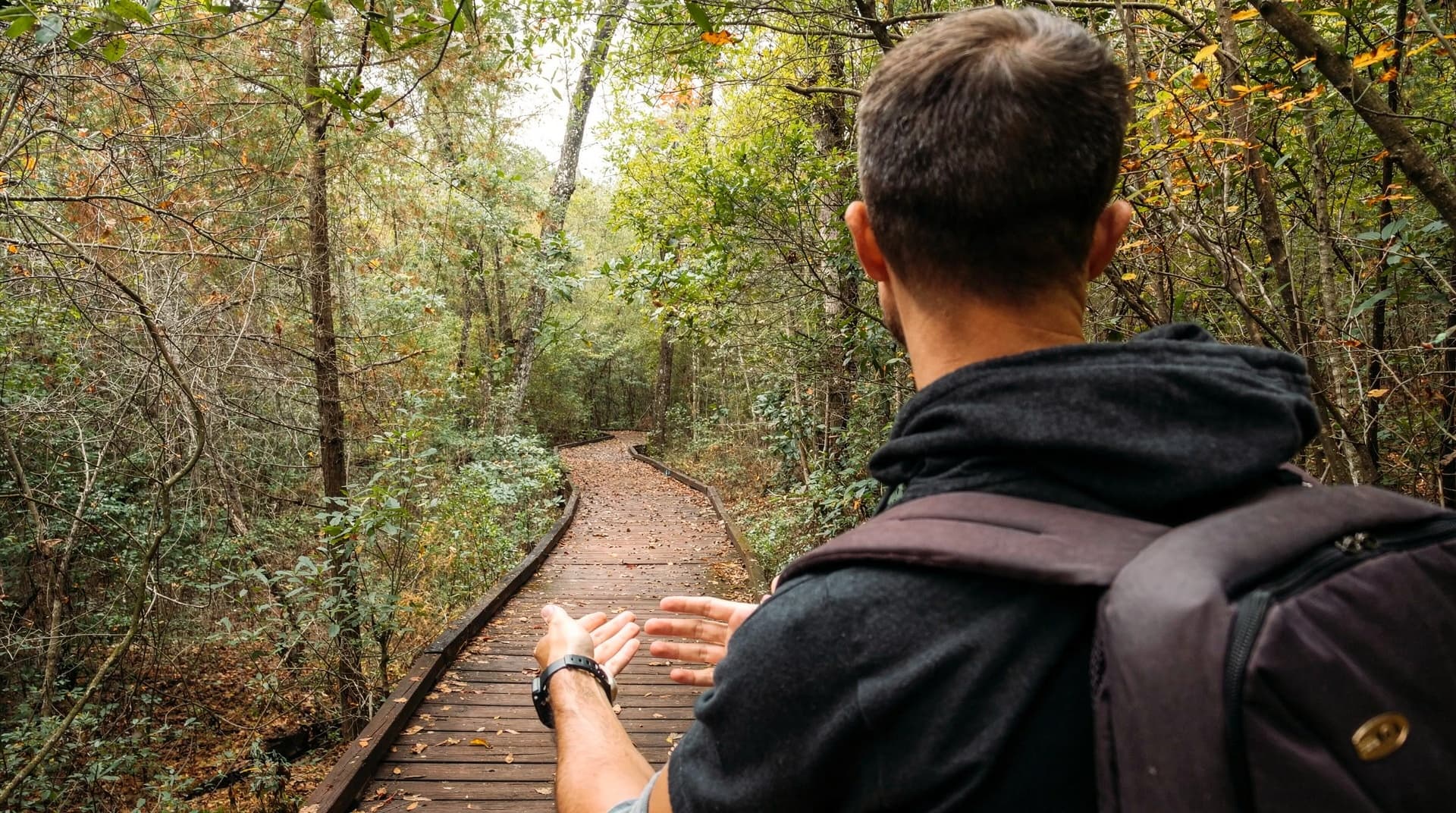 A person with a backpack walks along a wooden path through a dense forest.
