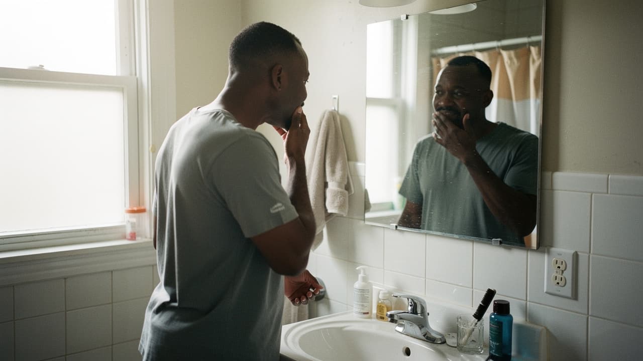 A man in a bathroom looks at his reflection in the mirror while touching his face.