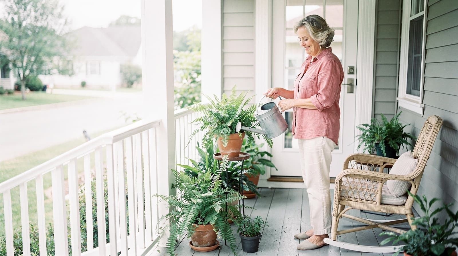 A woman waters potted plants on a porch with a rocking chair and white railing.