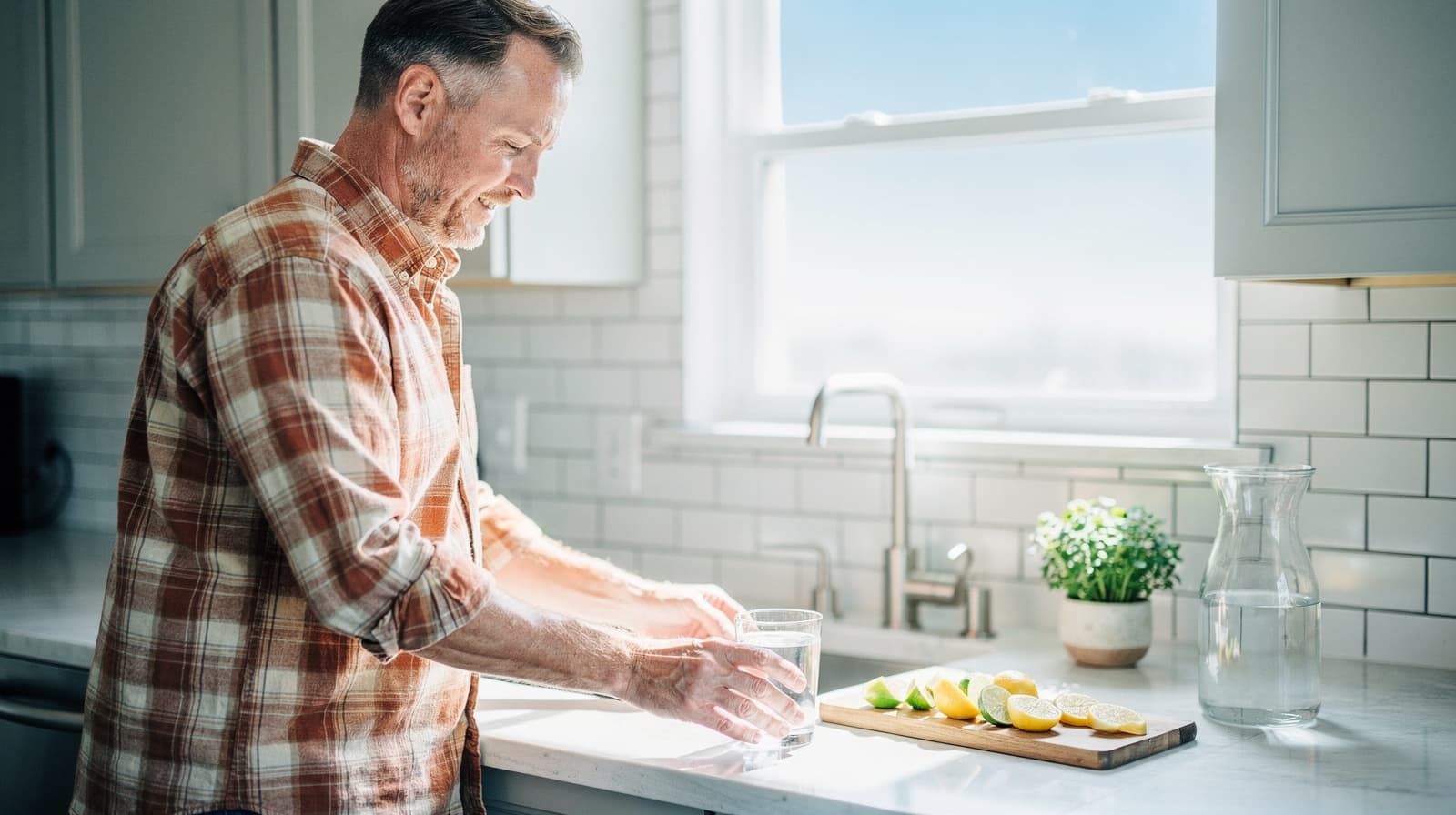 A man in a plaid shirt fills a glass with water at a kitchen sink beside a cutting board with sliced lemons and limes.