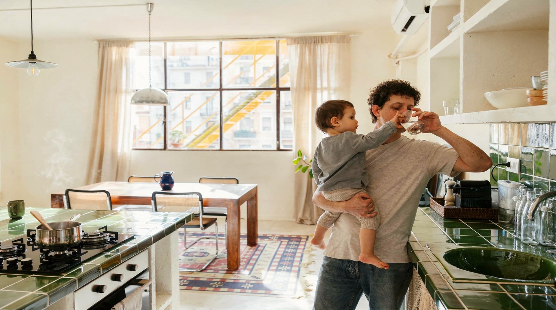 A man holds a child in a sunlit kitchen while drinking from a glass.