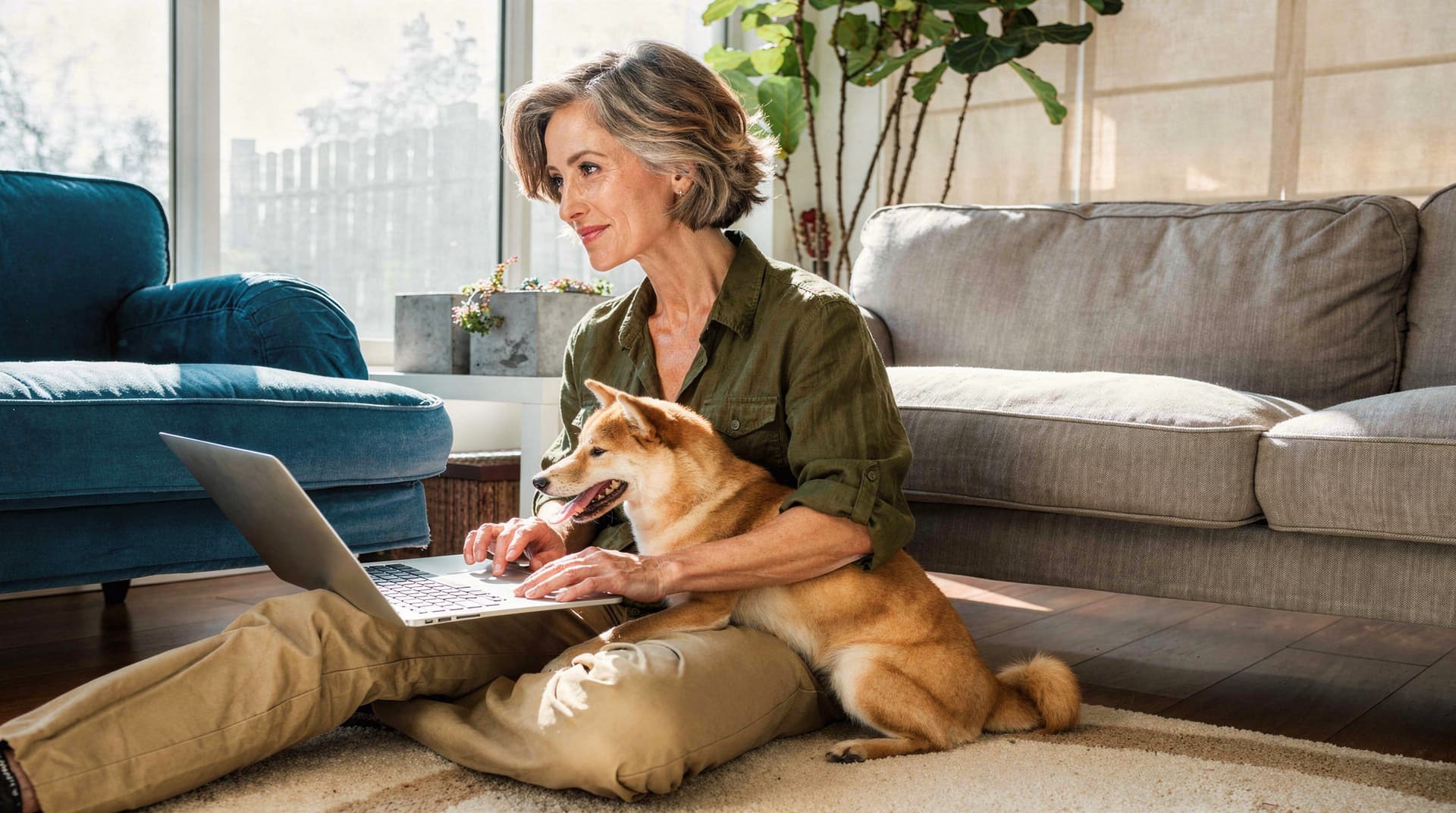 A woman sits on the floor using a laptop with a dog resting on her lap in a living room.