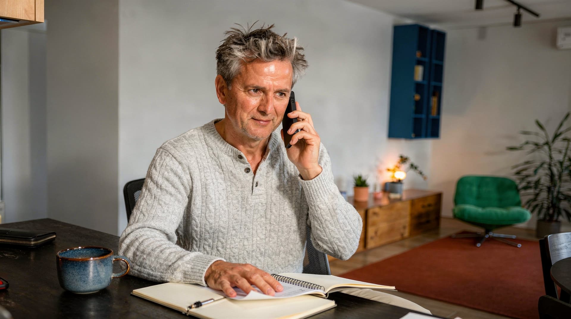 A man in a gray sweater talks on a phone while writing in a notebook at a desk in a cozy room.