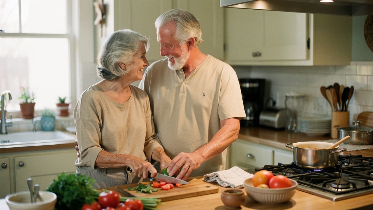 An older couple smiles at each other while chopping vegetables in a kitchen.