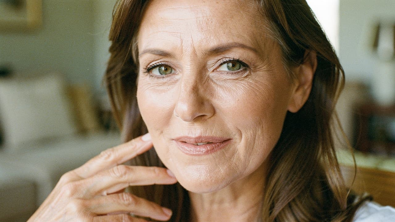 A woman with long brown hair smiles softly while resting her hand on her chin indoors.