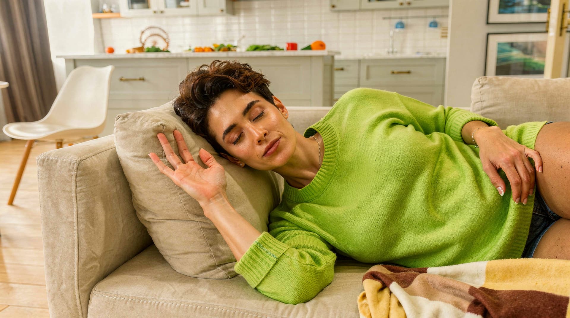 A person in a green sweater rests on a beige couch in a bright living room.