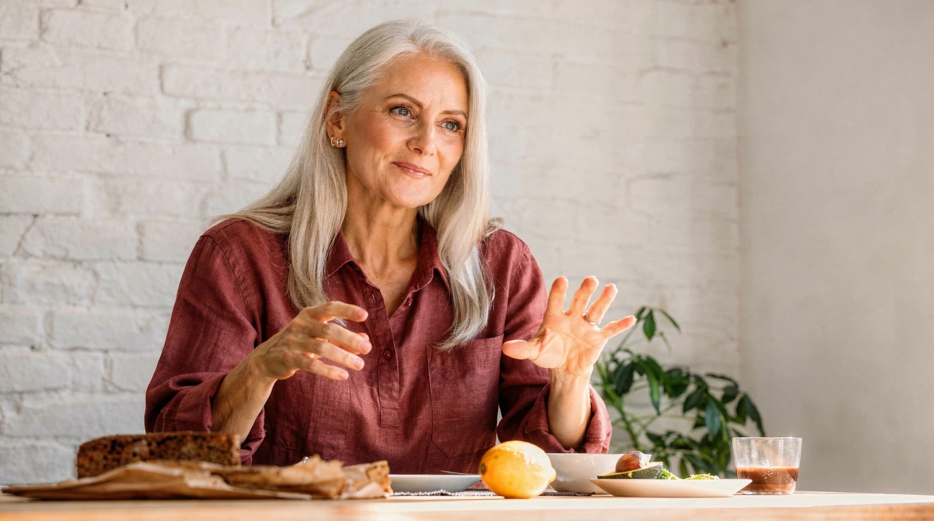A woman with long gray hair sits at a table with food, gesturing with her hands, in a room with a white brick wall and a.