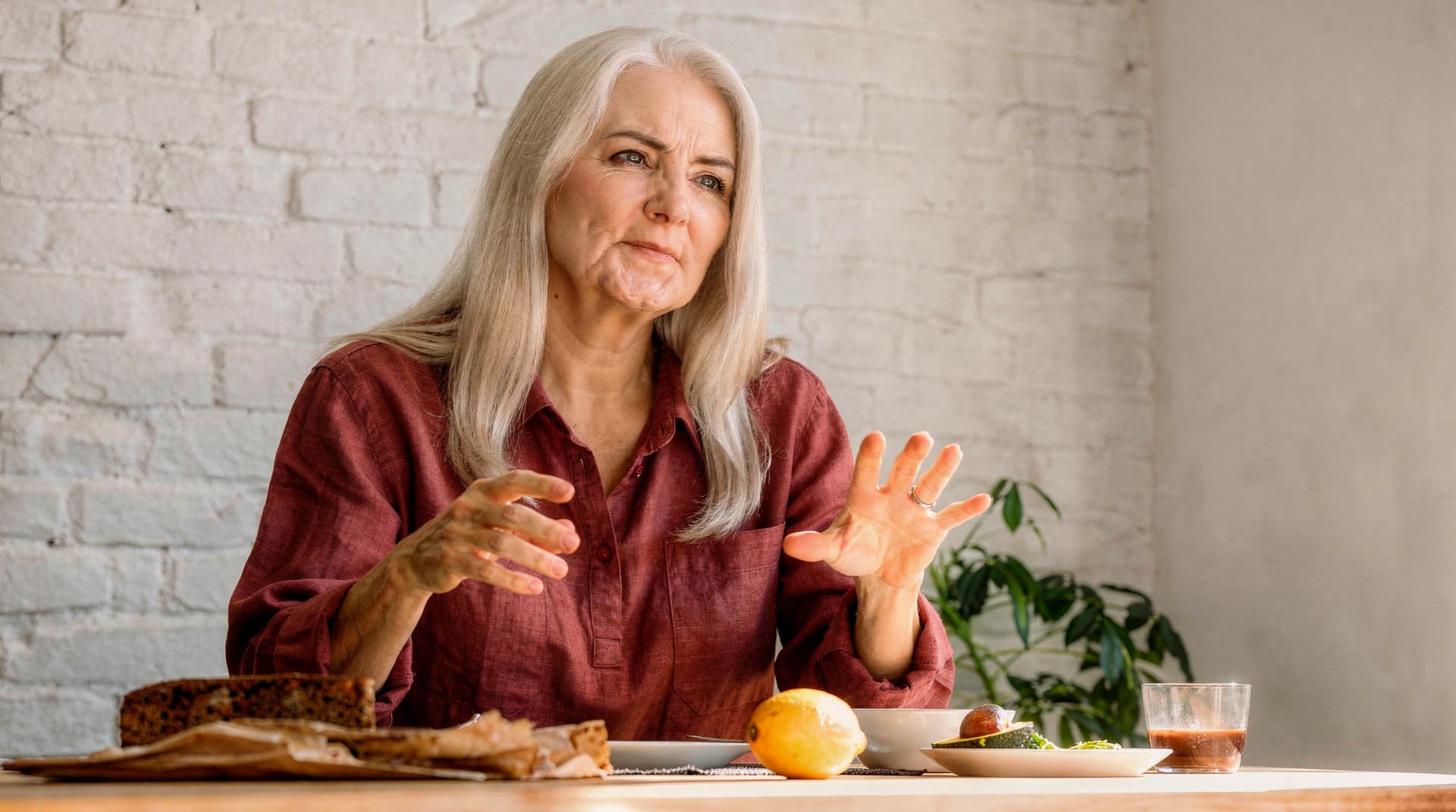 A woman with long gray hair sits at a table with food, gesturing with her hands, in a room with a white brick wall and a.