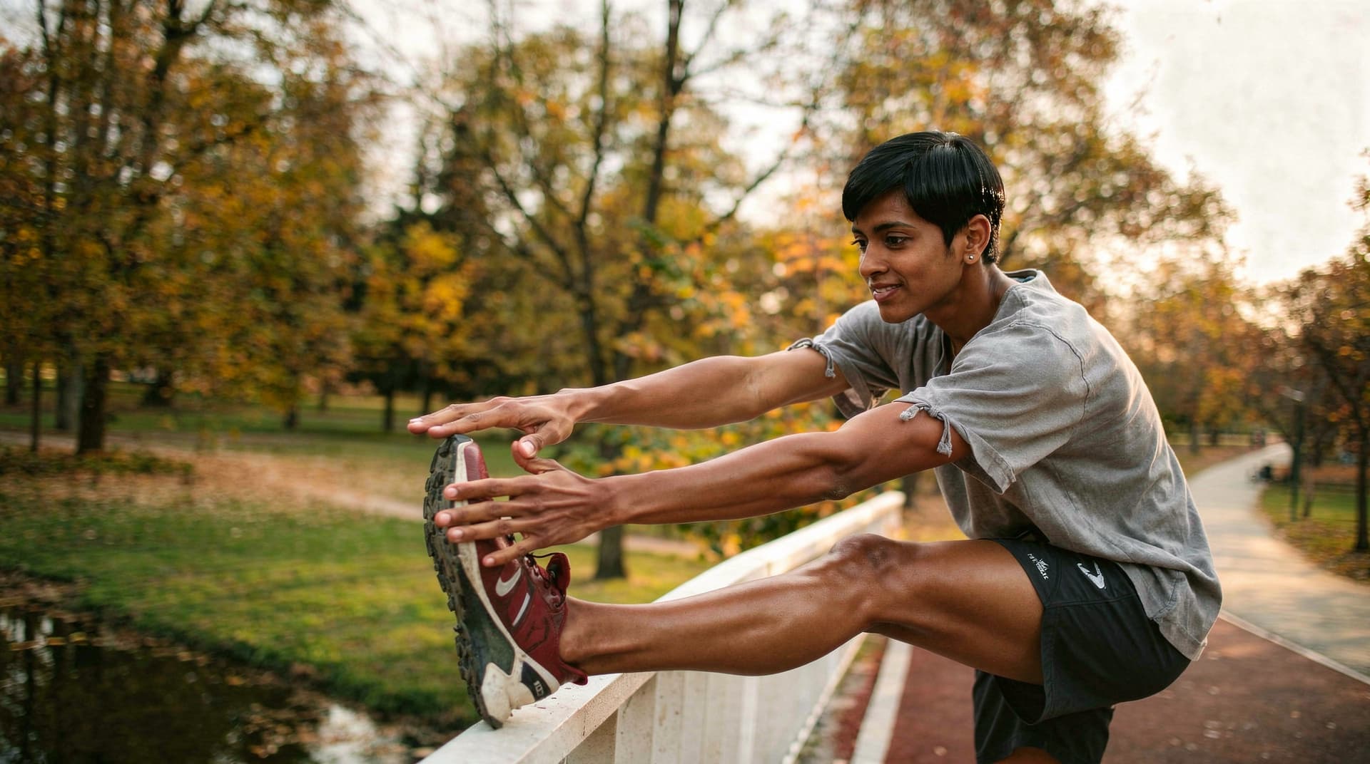 A person stretches their leg on a railing in a park with autumn trees in the background.