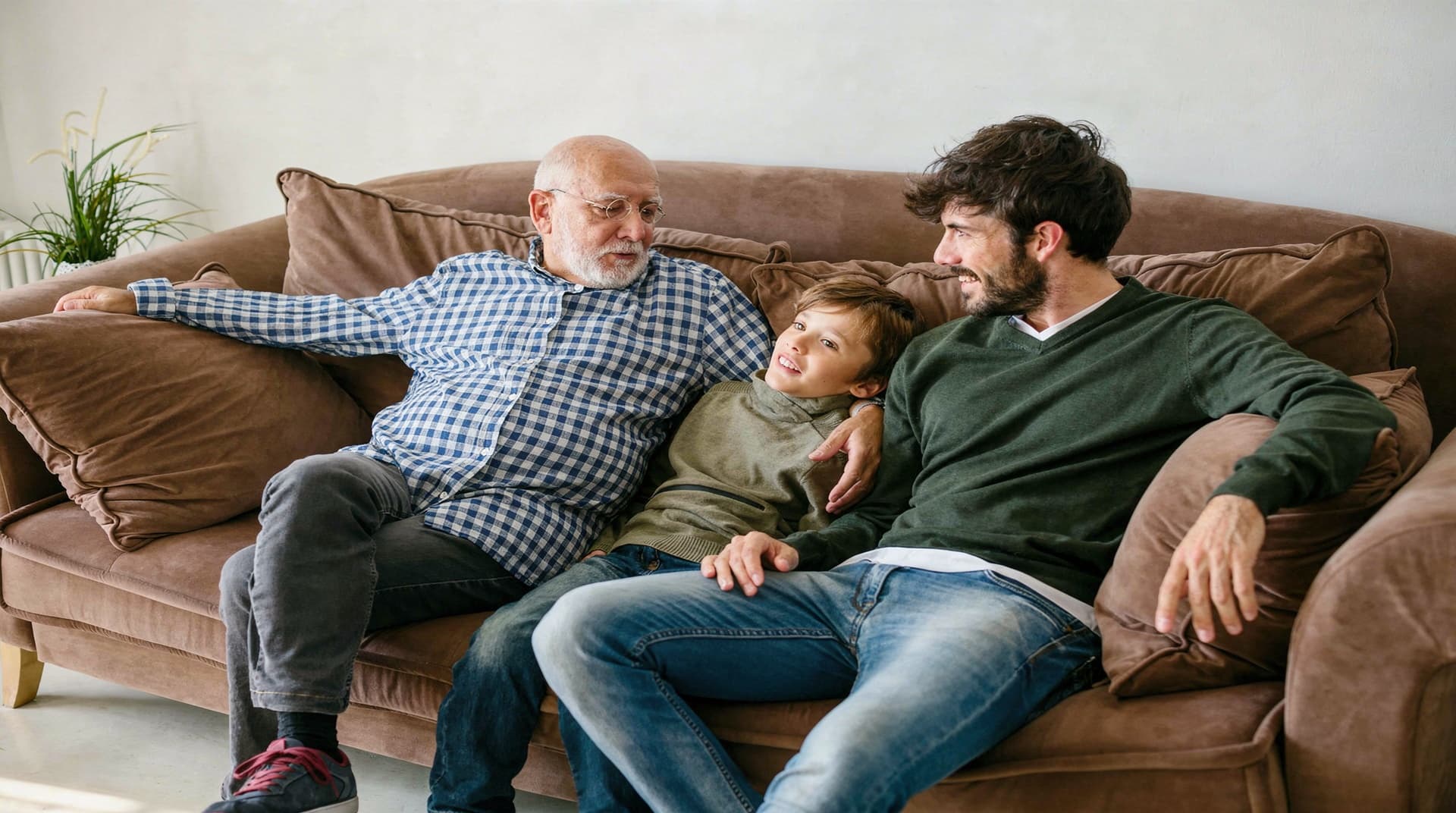 Three people sit on a brown couch, with two adults and a child smiling and talking.