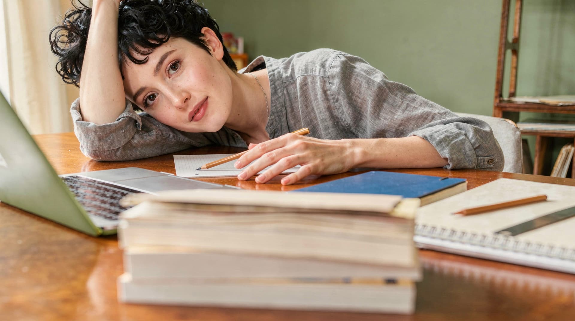 A person with short curly hair leans on a desk with notebooks and a laptop, appearing thoughtful.