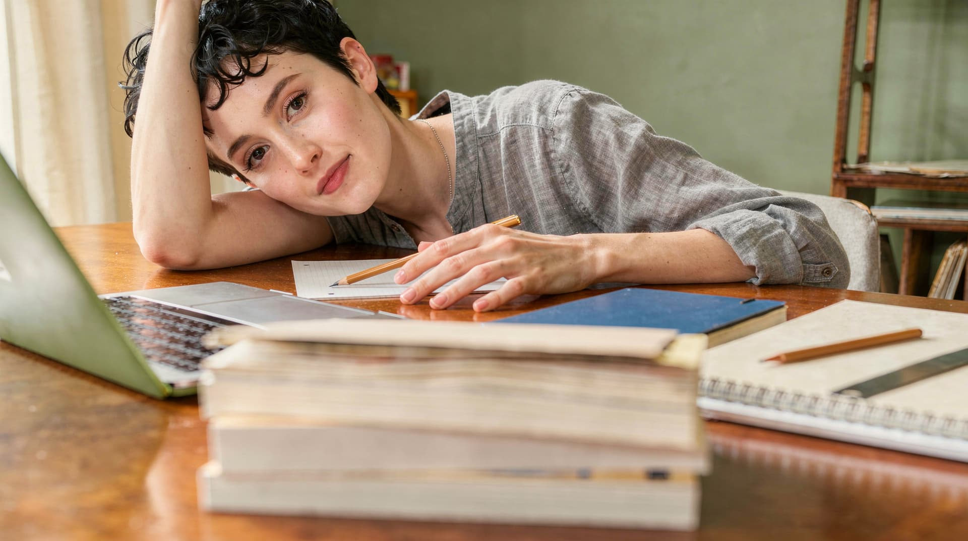 A person with short curly hair leans on a desk with notebooks and a laptop, appearing thoughtful.