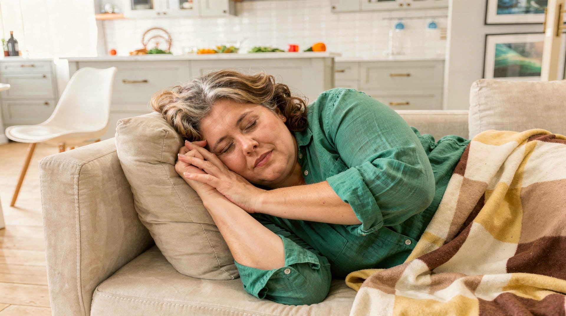 A woman in a green shirt sleeps on a beige couch with a striped blanket in a bright kitchen.