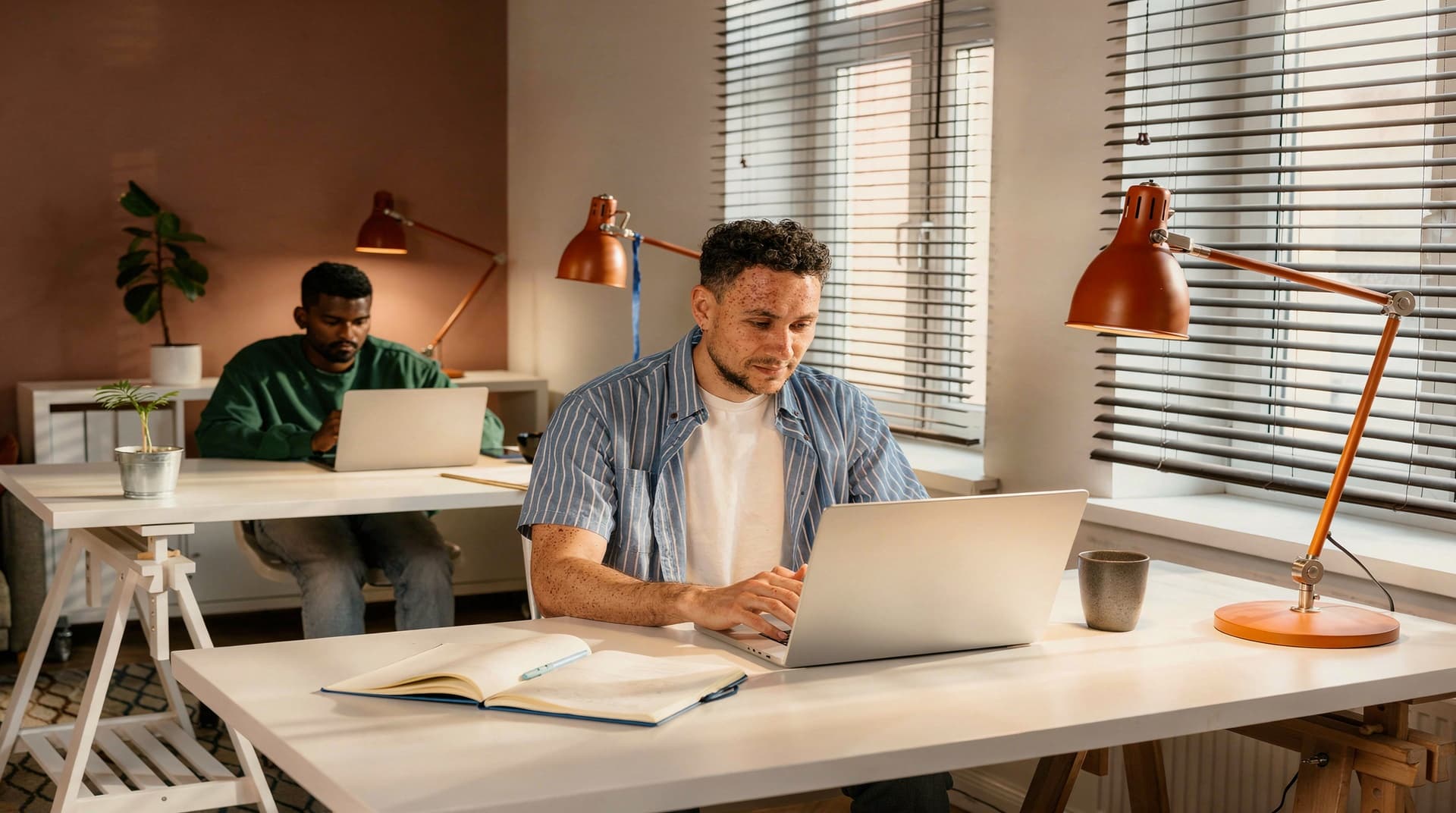 Two men work on laptops at separate desks in a sunlit office with large windows and orange desk lamps.