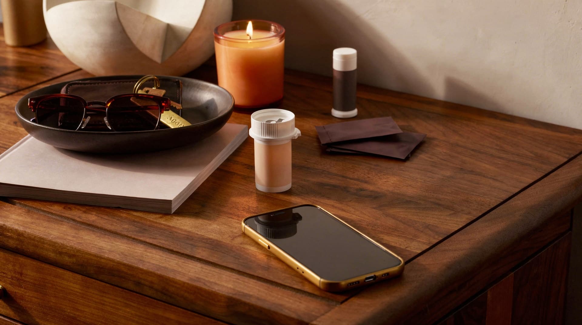 A wooden table holds a smartphone, sunglasses, a candle, a small bottle, and a dish with a book and envelopes.