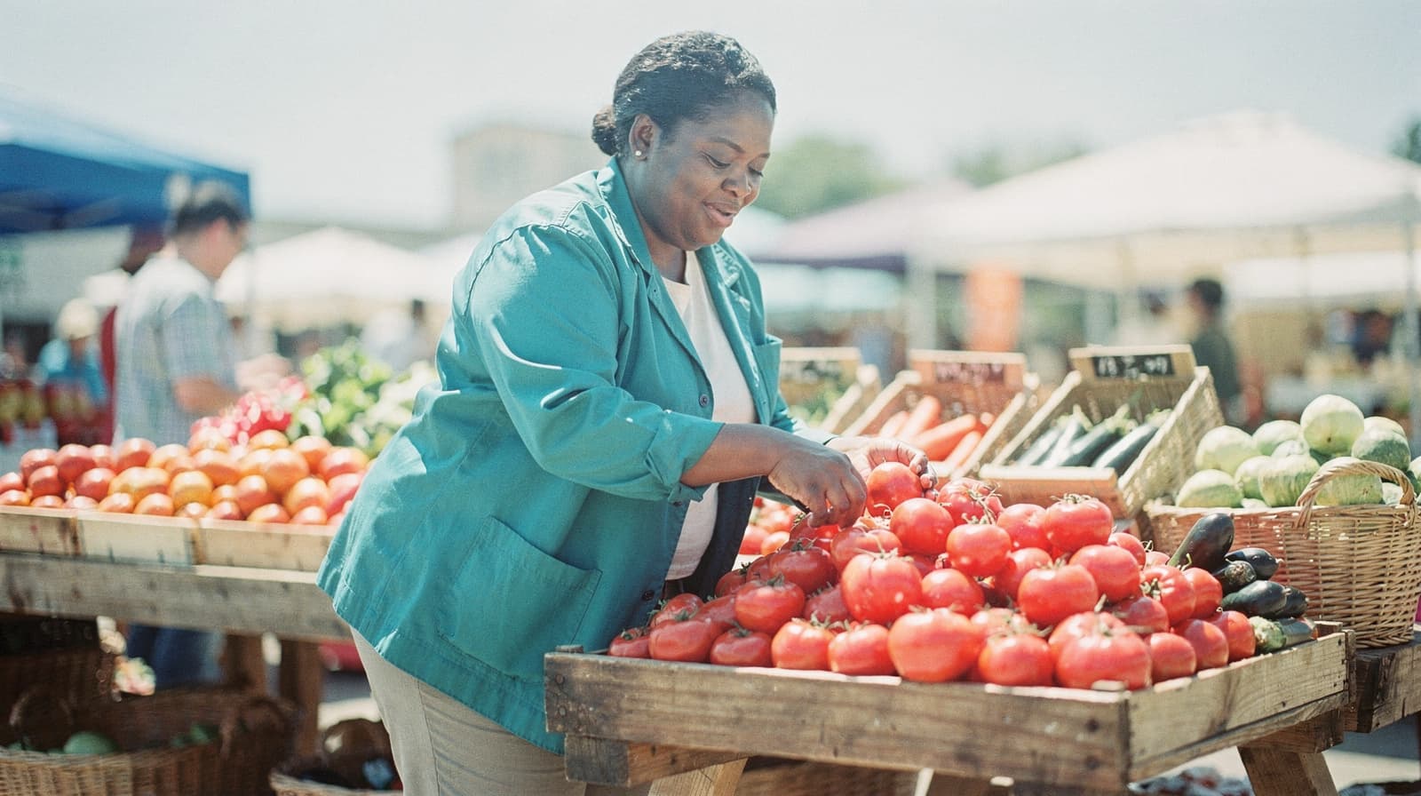 A woman selects tomatoes from a wooden stall at an outdoor market.