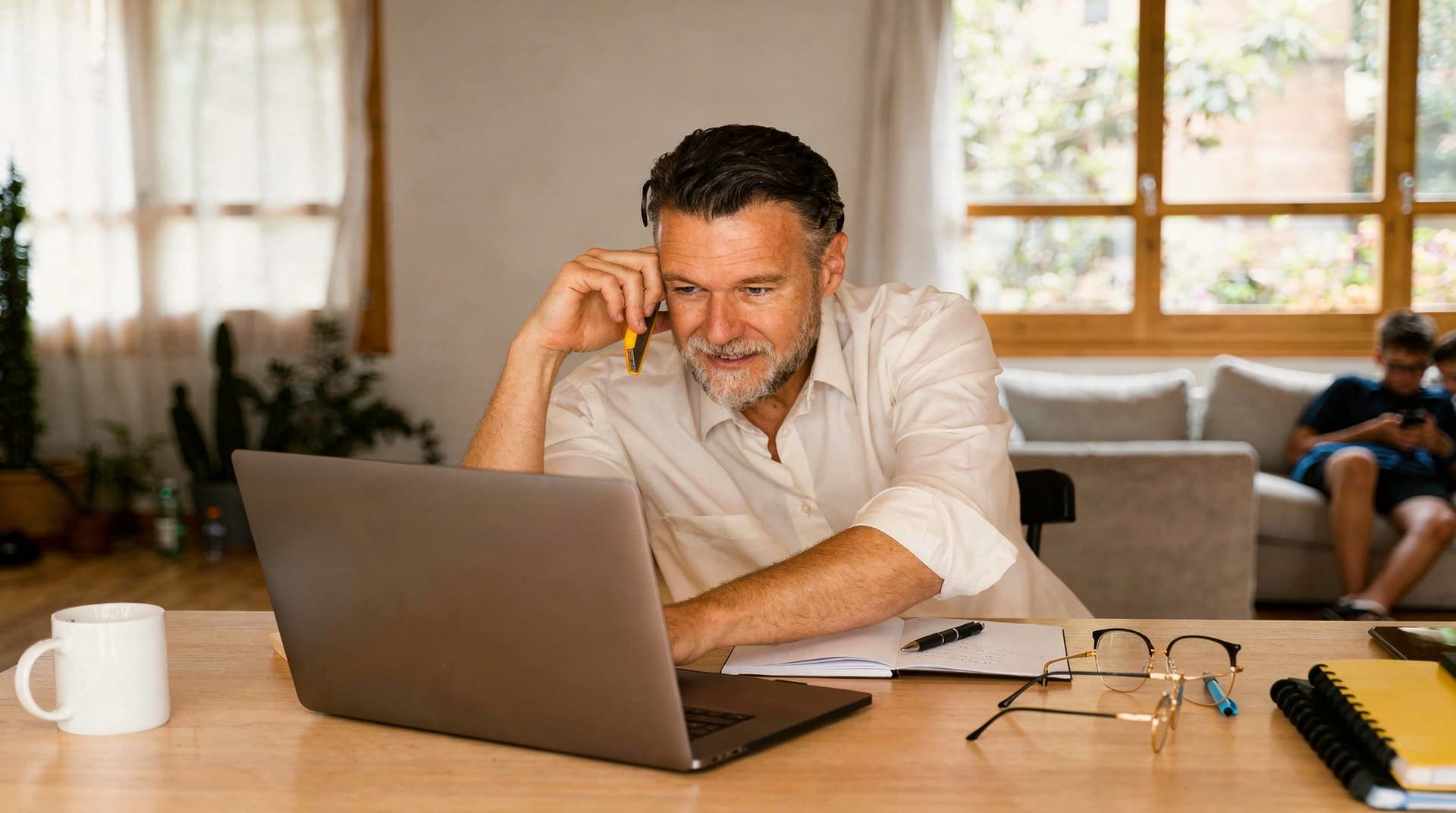 A man sits at a table working on a laptop with a notebook and glasses nearby, while a person in the background uses a phone.
