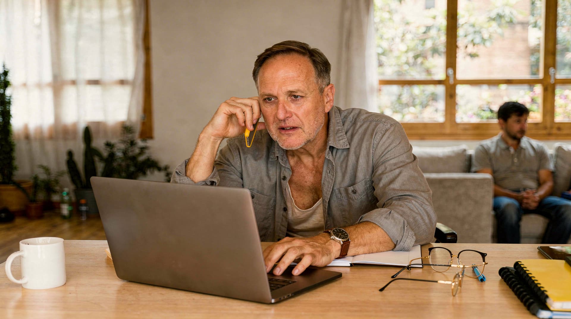 A man sits at a table working on a laptop with a notebook and glasses nearby, while a person in the background uses a phone.