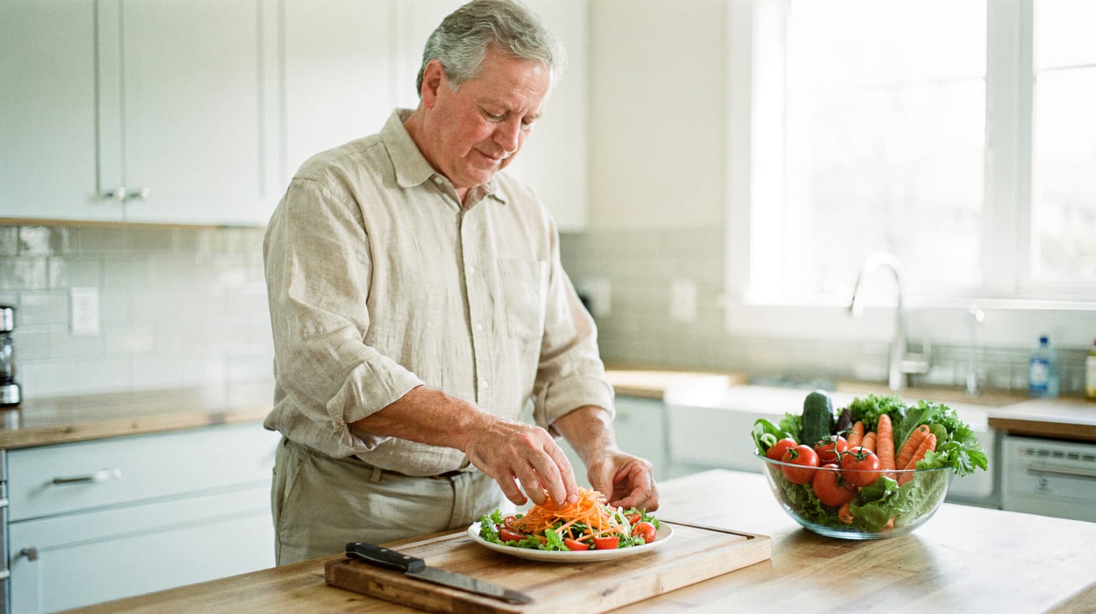 A man in a kitchen prepares a salad with various vegetables on a wooden cutting board.