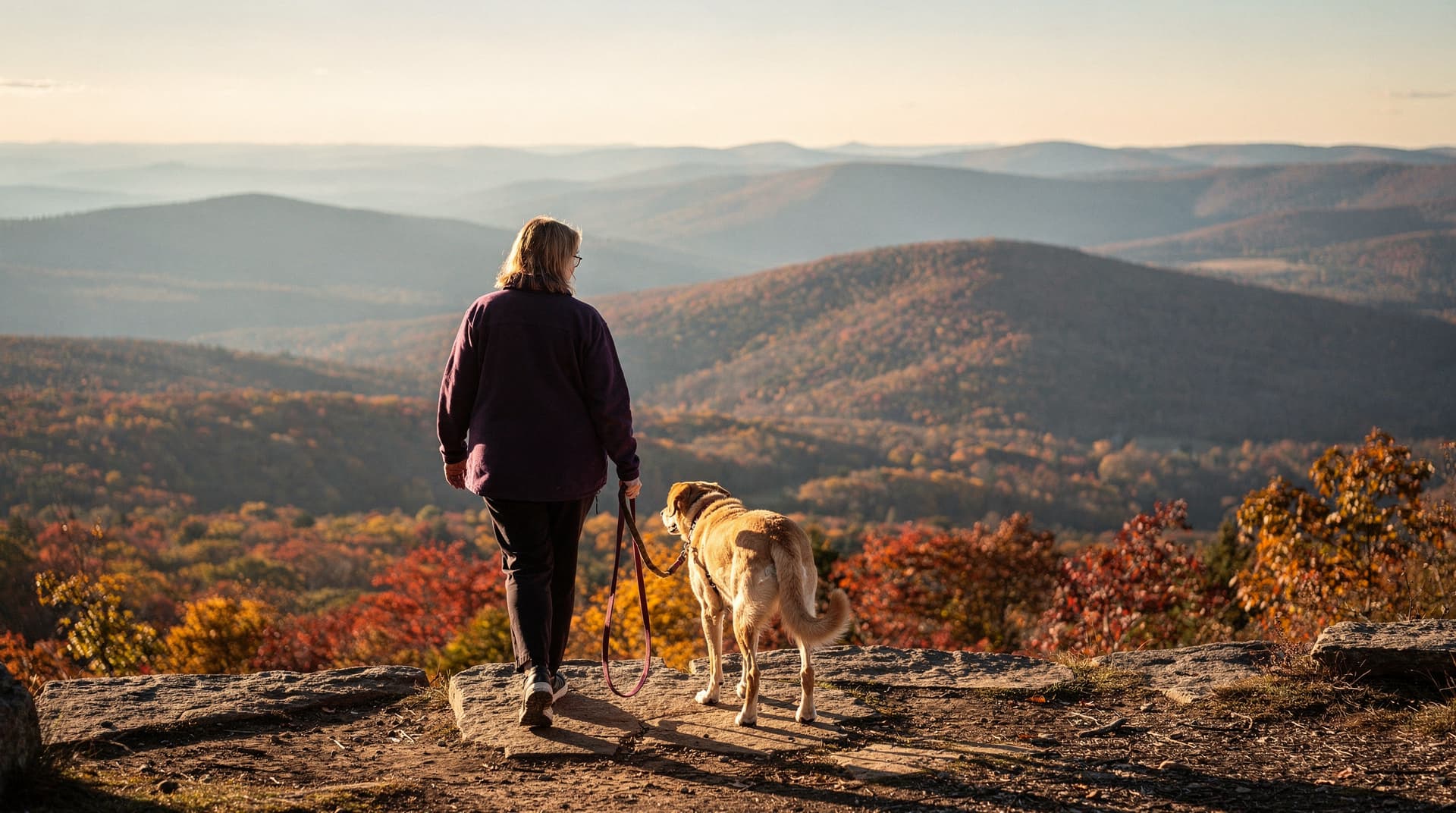 A person with a dog on a leash stands on a rocky overlook, gazing at a landscape of rolling hills and autumn foliage.
