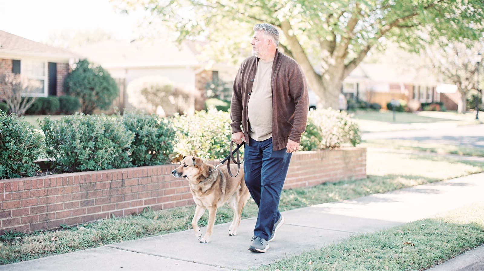 A man walks a dog on a sidewalk in a suburban neighborhood with houses and trees in the background.