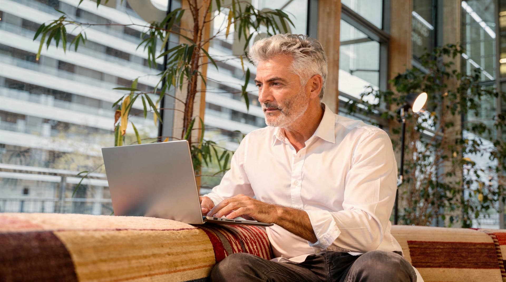 A man with gray hair types on a laptop while sitting on a patterned couch in a modern indoor space with large windows.