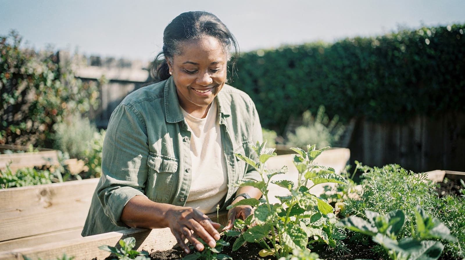 A woman tends to plants in a raised garden bed on a sunny day.
