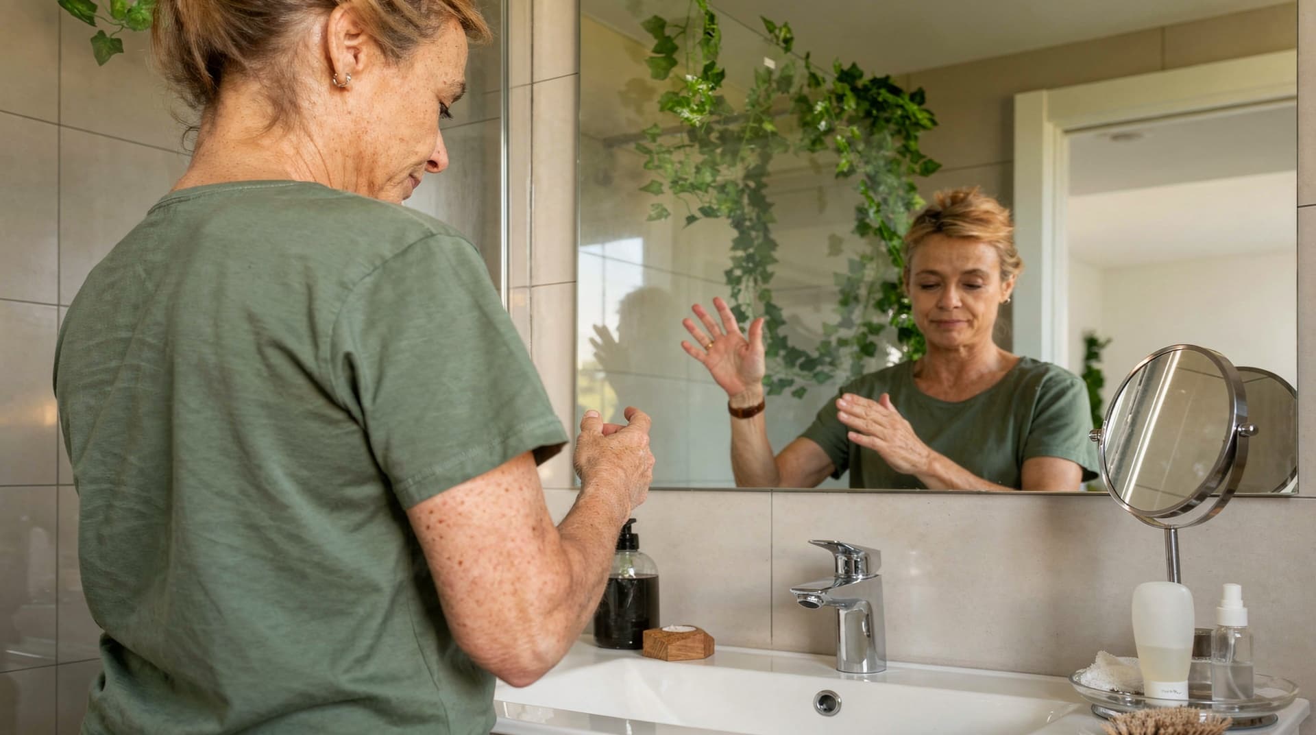 A woman in a green shirt washes her hands at a bathroom sink with a mirror and plants in the background.