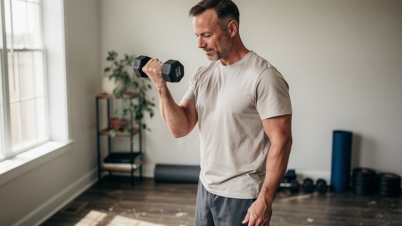 A man in a light t-shirt lifts a dumbbell in a home gym with a window and exercise equipment in the background.