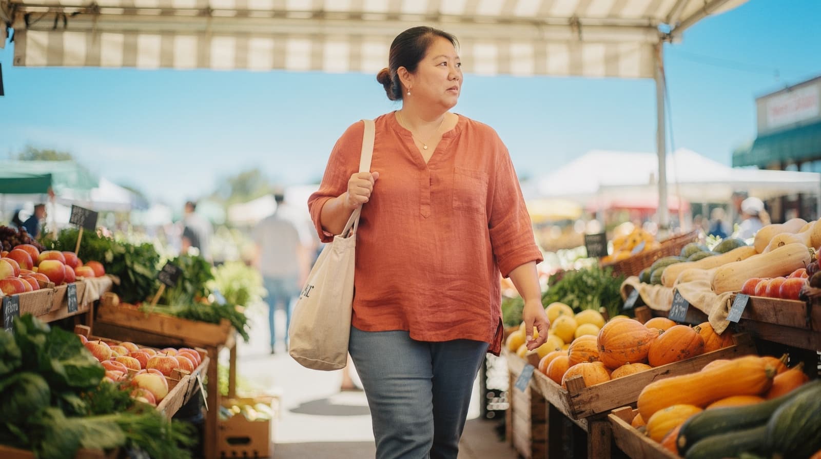 A woman in an orange shirt carries a tote bag while walking through a farmers market with various fruits and vegetables.