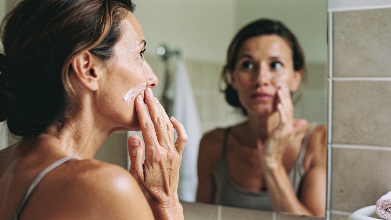 A woman applies cream to her face while looking in a bathroom mirror.