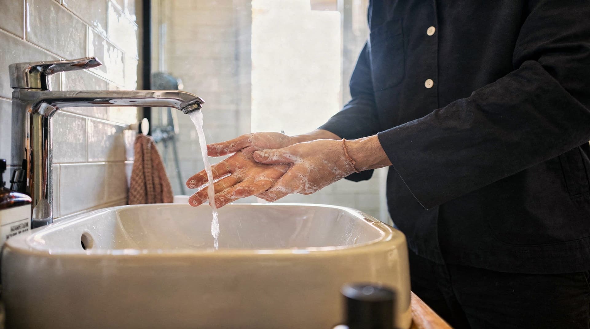 A person wearing a dark shirt washes their hands with soap under running water in a bathroom sink.